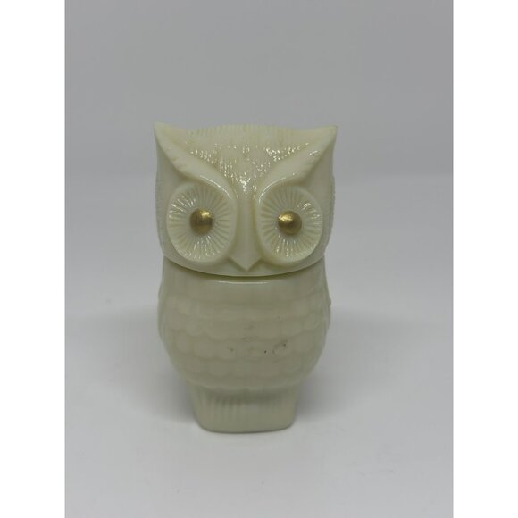 VTG Avon Cream Milk Glass Owl Figural Bottle 3.5" Gold Eyes Collectible Decanter - Picture 1 of 9